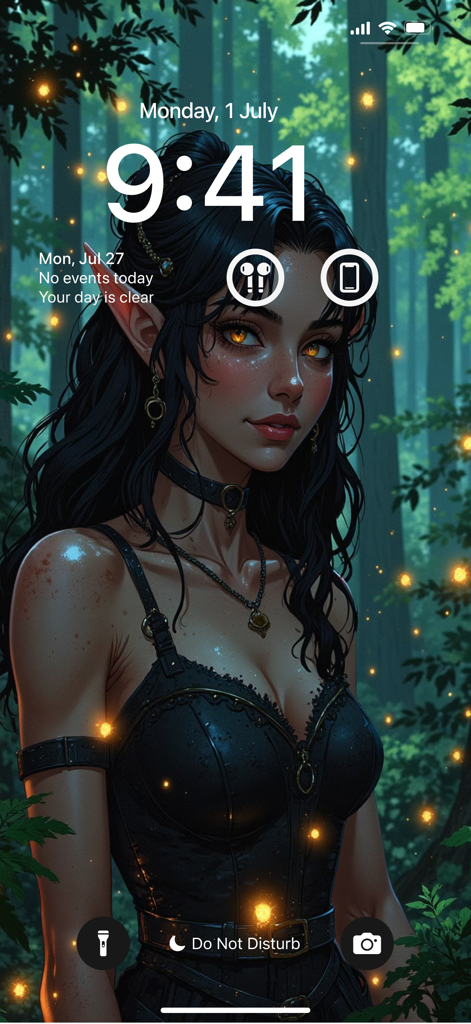 Wallpaper Maker: AI Background - Fondo de pantalla de un personaje elfo de fantasía generado por IA en una pantalla de bloqueo de iPhone