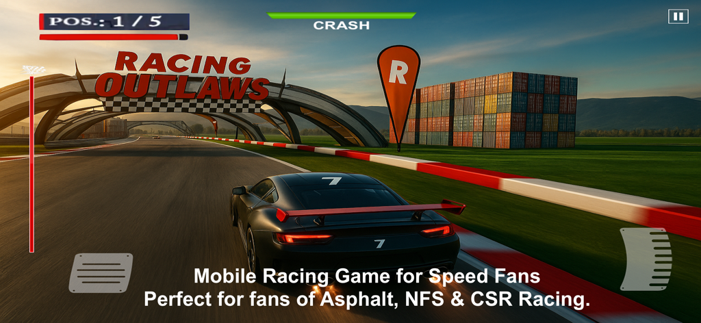 Racing Outlaws - Drag Car Race - A black sports car racing on a 3D track at sunset with game UI elements