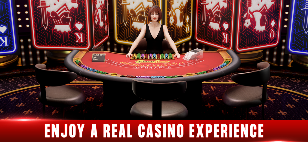 Blackjack 21: Octro Black jack - Una mesa de blackjack 3D realista con el avatar de una crupier femenina en un casino de alta gama
