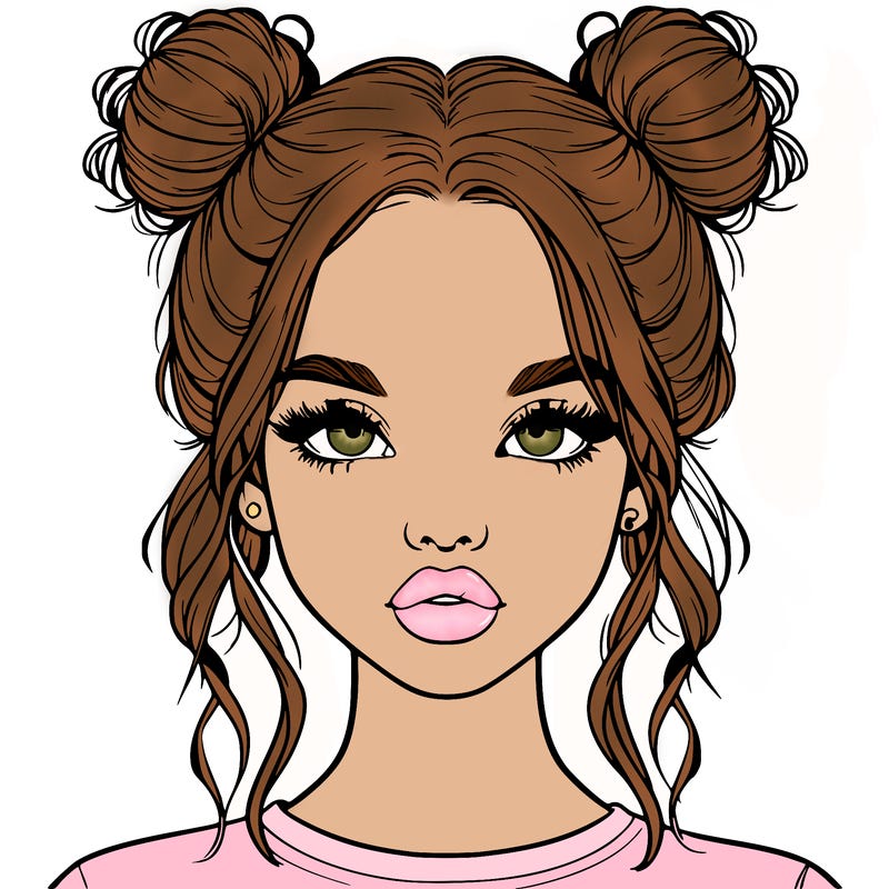 realistic girl with two buns in hair and lips