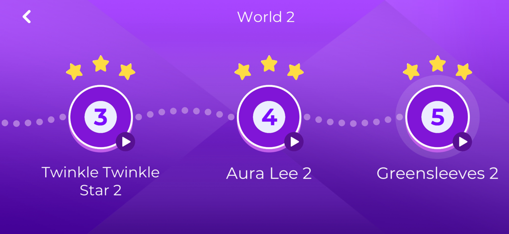 Pianist Master - Level selection screen in the Pianist Master app showing piano song challenges with star ratings