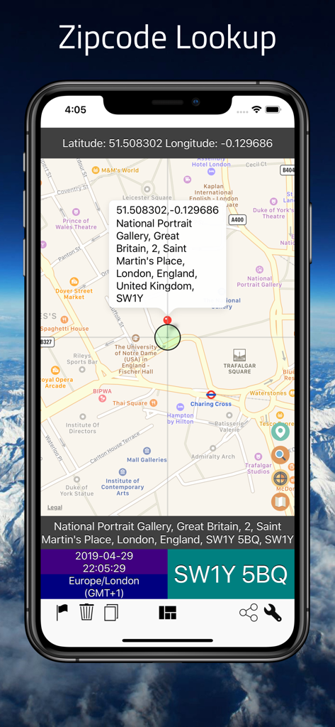AddressFinder - Zipcode Lookup - AddressFinder app interface displaying a map location with its full address zip code and GPS coordinates