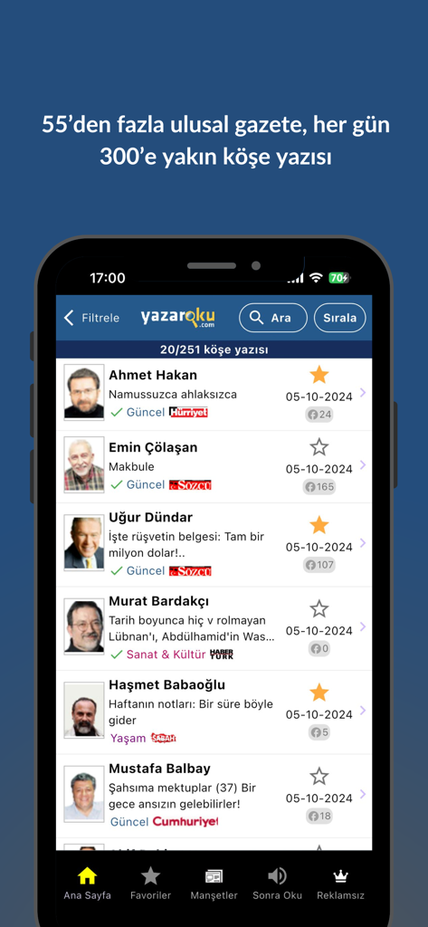 Köşe Yazarları - Yazaroku.Com - A mobile screen showing a list of Turkish newspaper columnists including Ahmet Hakan and Emin Colasan with their latest articles