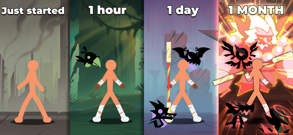 Stickman vs Monster: Idle RPG - Quattro pannelli che mostrano la progressione dell'eroe stickman da appena iniziato a un mese di gioco con equipaggiamento e animali domestici potenziati