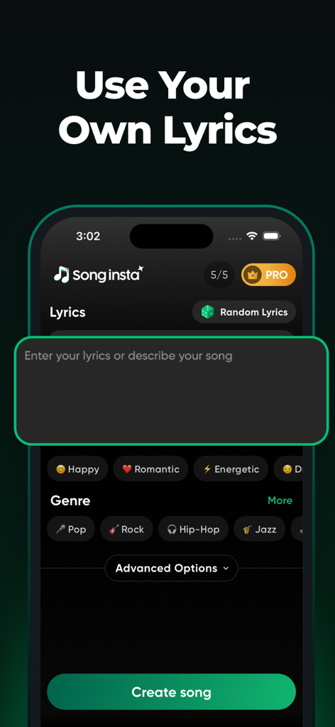 SongInsta app interface showing lyric input and genre selection for AI music creation