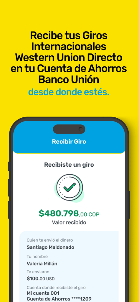 Schermata dell'app mobile che mostra un bonifico Western Union internazionale ricevuto con successo su un conto di risparmio Banco Unión Colombia.