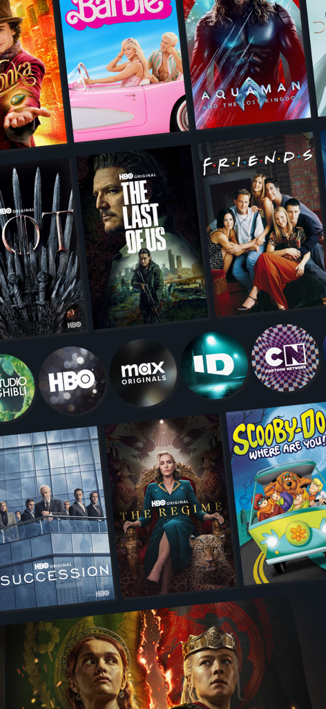 HBO Max: Stream Movies & TV - Cuadrícula de películas y programas de televisión populares disponibles en la aplicación de transmisión HBO Max