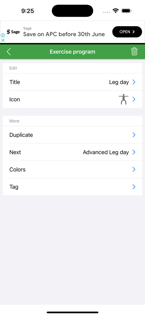 Tabata Timer for HIIT - Interface for editing an exercise program named Leg Day in the Tabata Timer app