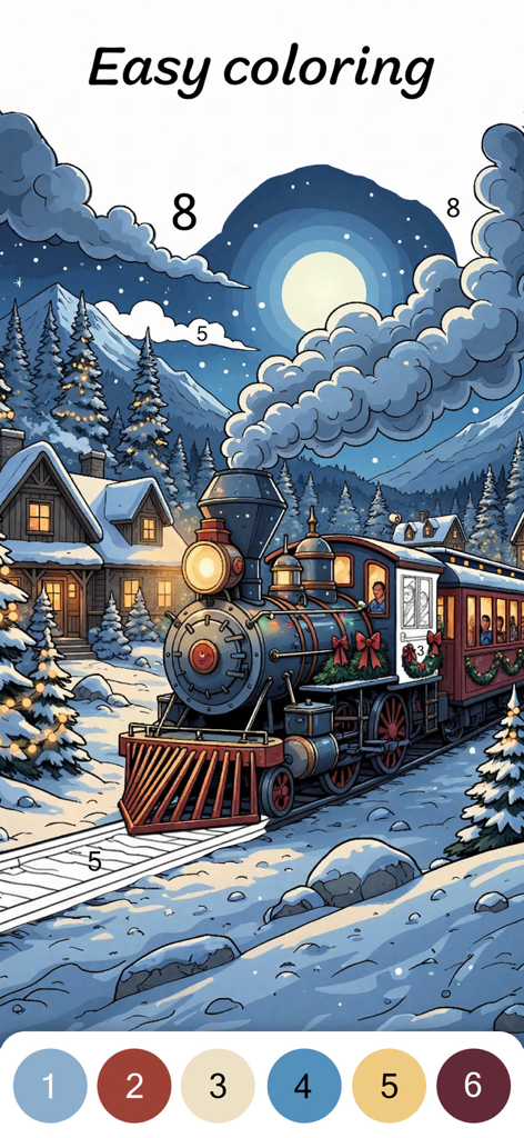 Color by Numbers for Adults - Winter-Nachtzug-Malen-nach-Zahlen-Seite für Erwachsene
