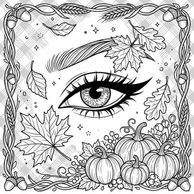 Dive into the rich beauty of autumn with this unique coloring page featuring a captivating eye adorned with elegant eyeliner. Surrounded by classic fall motifs like pumpkins and leaves, it offers a relaxing and engaging artistic experience, thoughtfully designed for seniors.