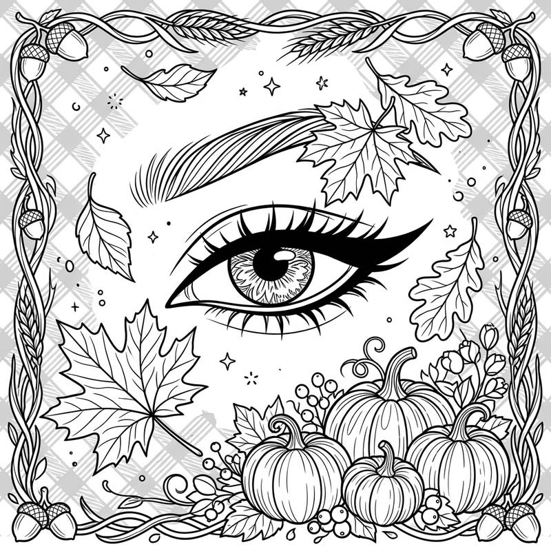 Dive into the rich beauty of autumn with this unique coloring page featuring a captivating eye adorned with elegant eyeliner. Surrounded by classic fall motifs like pumpkins and leaves, it offers a relaxing and engaging artistic experience, thoughtfully designed for seniors.