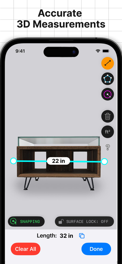 A 3D model of a wooden table being measured digitally in the 3D Scanner App interface showing a 22 inch width and 32 inch length.