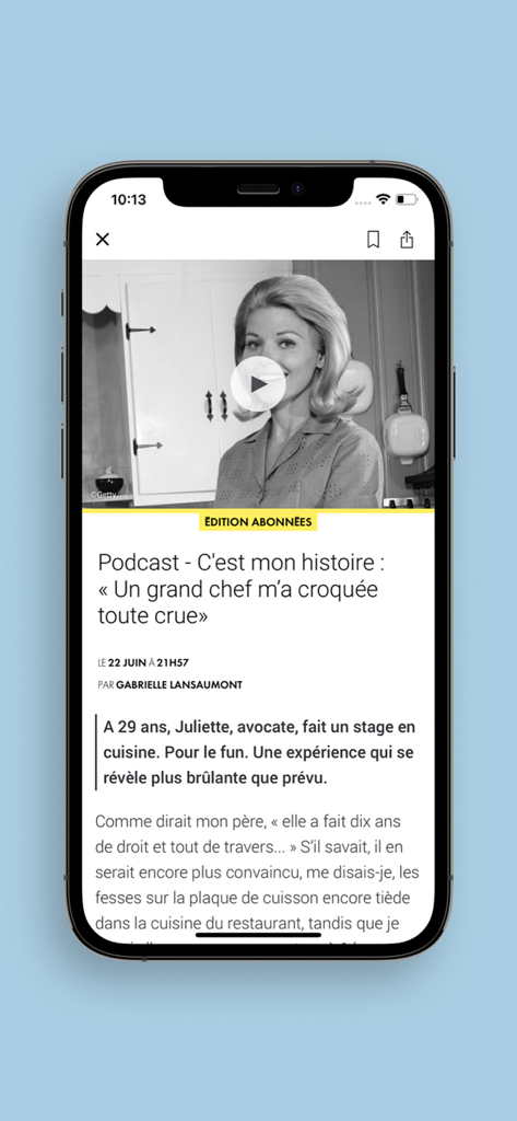 Screenshot of the ELLE app showing a podcast article interface with a vintage black and white photo of a woman in a kitchen.