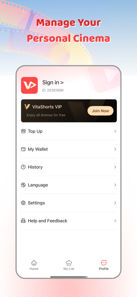 VitaShorts app profile settings screen showing VIP membership and account options