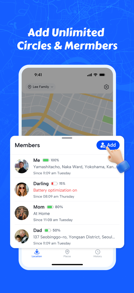 Interface do aplicativo Phone Tracker mostrando locais de membros da família e status da bateria