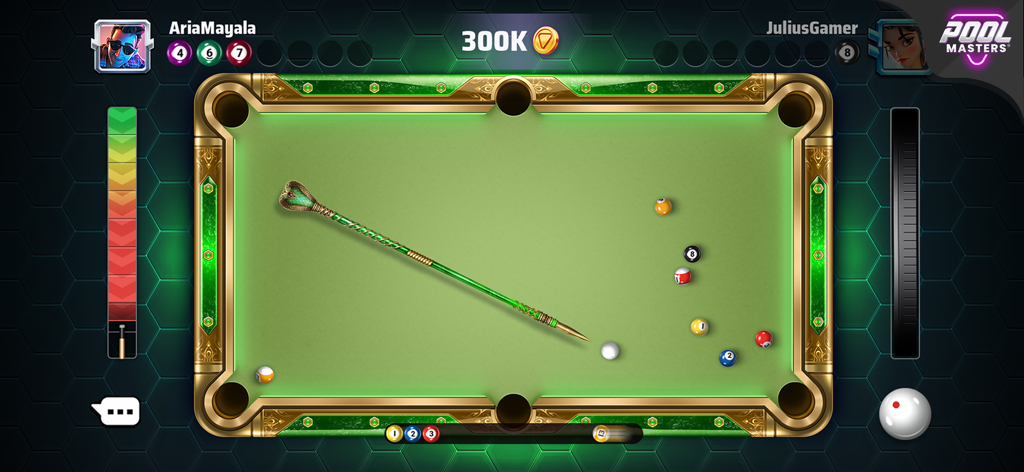 Gameplay of Pool Masters 8 Ball Pool featuring a legendary green cobra cue on a realistic table