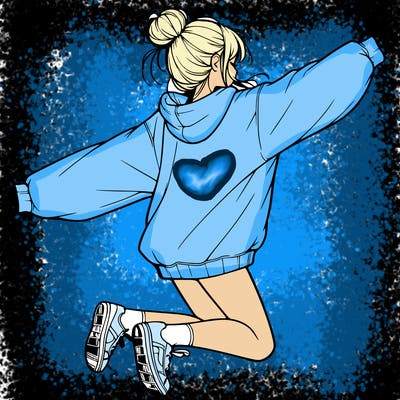 realistic girl jumping with a bun and oversized sweatshirt