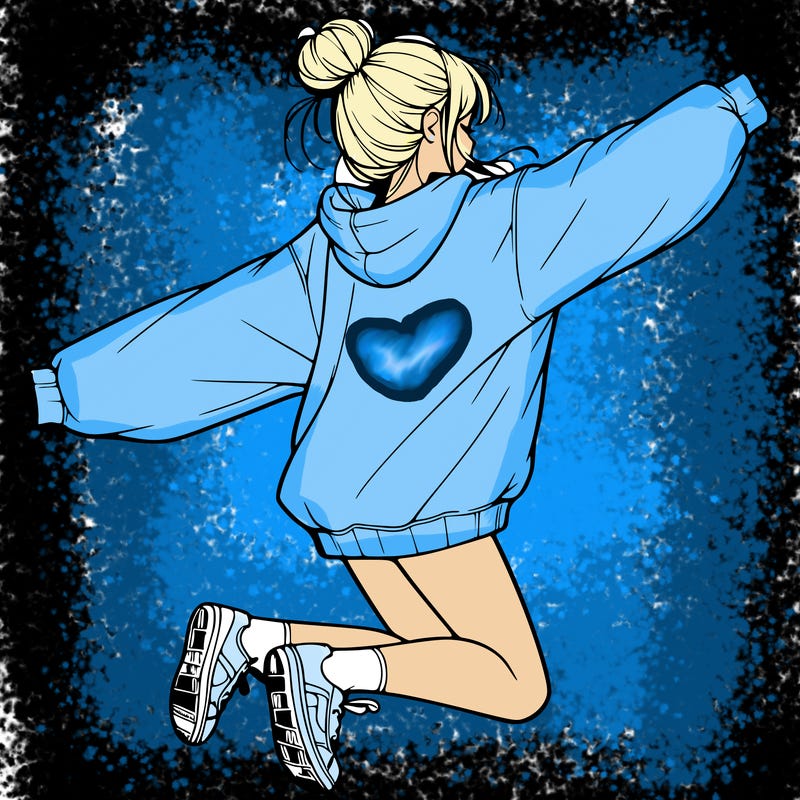 realistic girl jumping with a bun and oversized sweatshirt