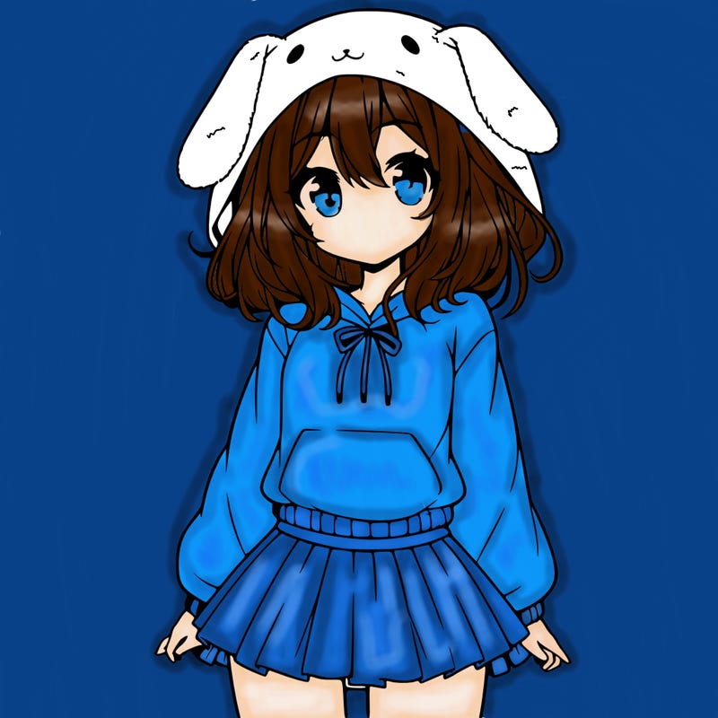 pretty anime girl wearing a fluffy hoodie with bunny ears on the hood and a skirt