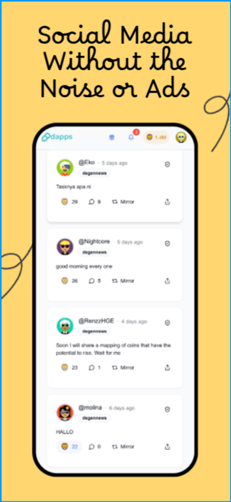 Dapps.co - Captura de pantalla del feed social de la aplicación móvil Dapps.co mostrando publicaciones de usuarios en un entorno sin publicidad