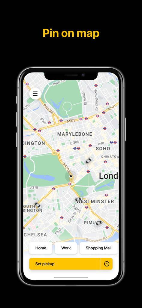 FTAXI - FTAXI App-Oberfläche zeigt eine Stadtkarte mit Taxistandorten und eine Schaltfläche zum Festlegen eines Abholorts.