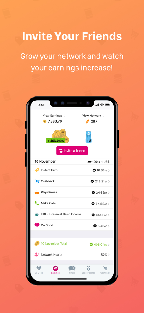 Panel móvil de WowApp que muestra las ganancias totales y el crecimiento de la red a través de la función de invitar amigos