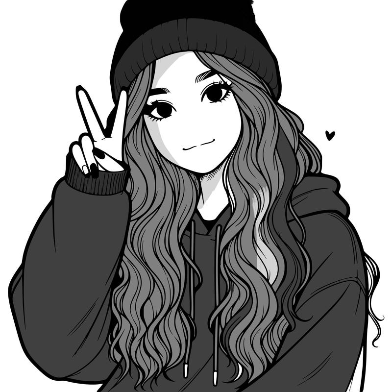 a teenage girl in a beanie, oversized sweatshirt, wavy long hair, and is showing a ✌️