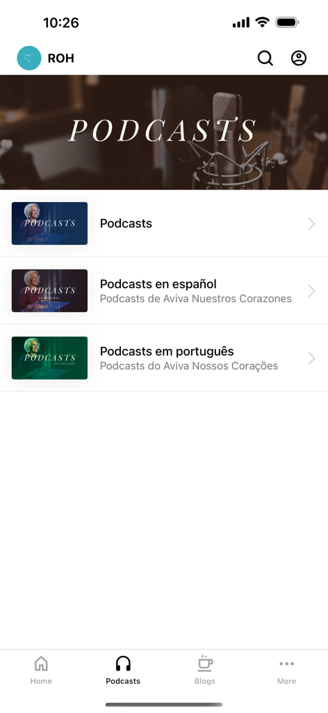 Revive Our Hearts - Podcasts menu in the Revive Our Hearts app with options for English Spanish and Portuguese audio content