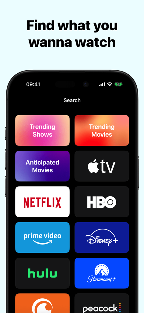 TV Show Tracker – CouchTimes - Pantalla de búsqueda de la aplicación CouchTimes con películas de tendencia y logotipos de servicios de streaming como Netflix y Disney plus