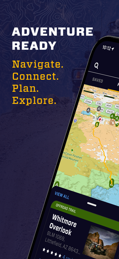 Overland Bound One: Maps & GPS - Overland Bound One app interface showing offroad trails and topographic camping maps.