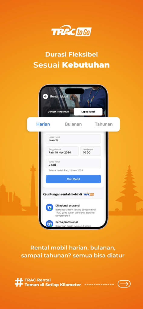 TRACtoGo: Rental Mobil & Bus - Interface do aplicativo TRACtoGo para reservar aluguel de carros na Indonésia com opções de duração diária e mensal.