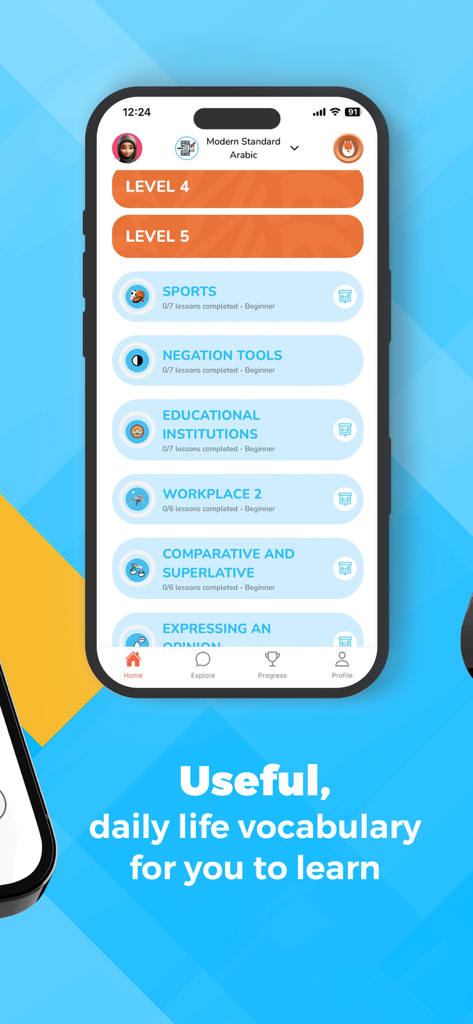 Kaleela・Learn Arabic Language - Interfaz de la aplicación Kaleela mostrando lecciones de vocabulario árabe para deportes y lugar de trabajo en diferentes niveles.