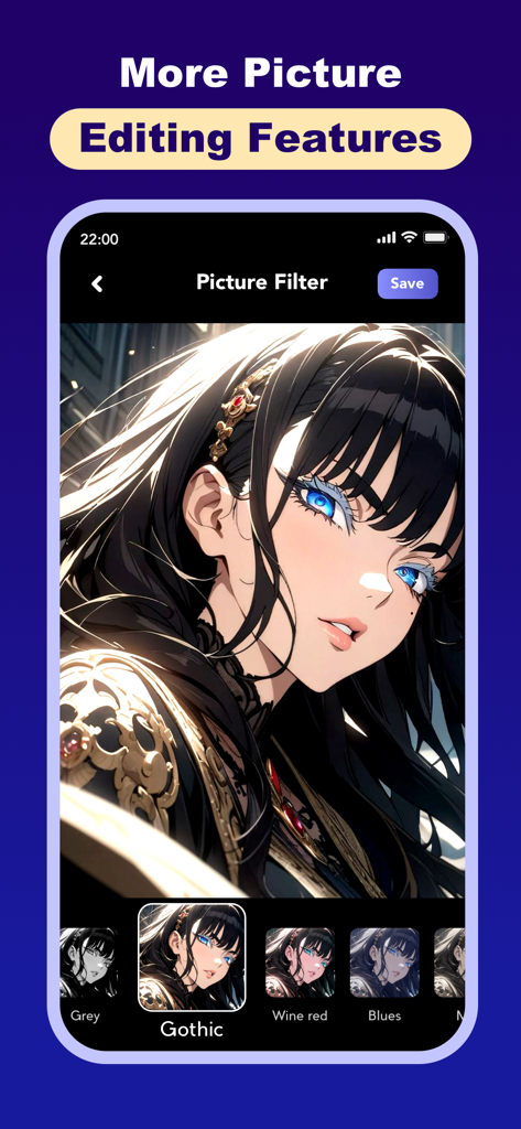 Linkup Speed - VPN Tool - Screenshot of Linkup Speed app showing picture editing features with anime-style filters like Gothic and Wine Red