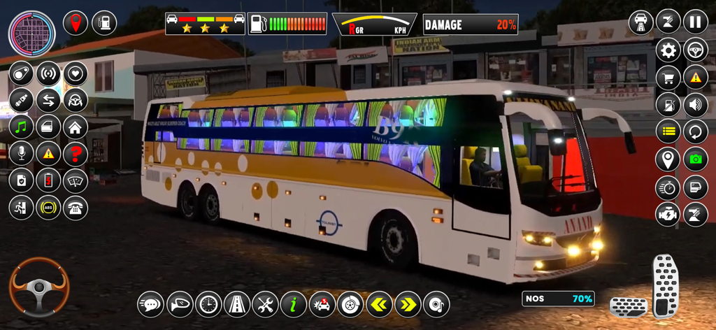 Public Transport Bus Games 3D - Captura de pantalla del juego de Juegos de Autobús de Transporte Público 3D que muestra un autocar y controles de simulación