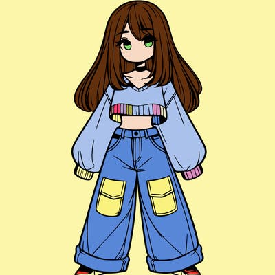 cute girl with straight hair in baggy jeans and a crop top and a sweater