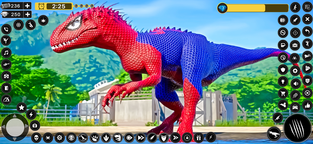 Dinosaur Monster City Rampage - Un dinosaurio rojo y azul de pie en un entorno urbano del juego Dinosaur Monster City Rampage