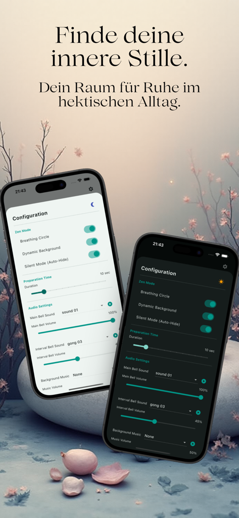 Meditation Gong - Configuración de la aplicación Gong de Meditación que se muestra en dos smartphones en modos claro y oscuro con un fondo estético zen.