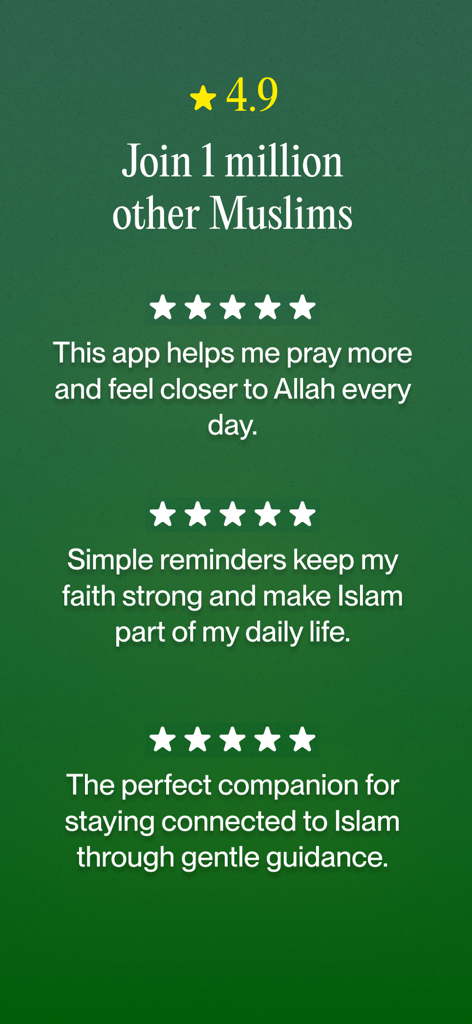 Reseñas de usuarios para la aplicación Deen Buddy destacando una calificación de 4.9 estrellas y testimonios positivos de la comunidad musulmana.