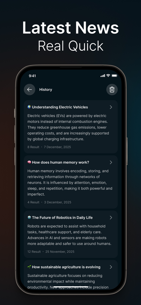 DeepScan: AI Search Assistant - Pantalla de historial de la aplicación móvil DeepScan que muestra resúmenes de resultados de búsqueda IA para temas como vehículos eléctricos y robótica.