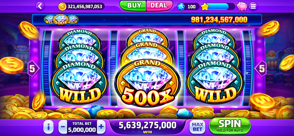 Schermata di grande vincita in Classic Vegas Casino Slots con un moltiplicatore 500x e simboli di diamante scintillanti