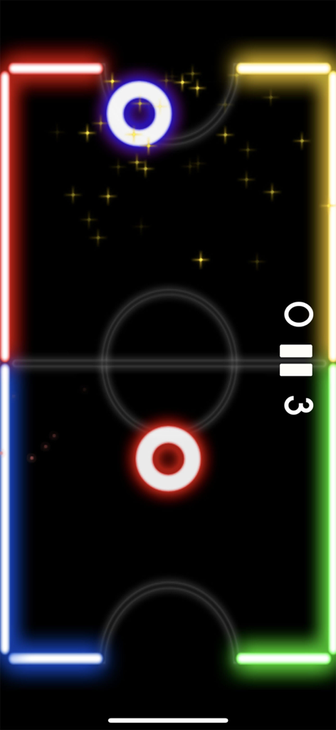 Neon glowing air hockey table with red and blue paddles