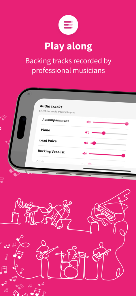 Tomplay Sheet Music - Tomplay app interface displaying volume controls for professional backing tracks