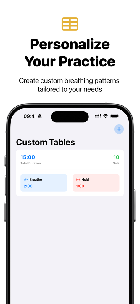 apne - Une interface de smartphone de l'application apne montrant la création de tables et de schémas de respiration personnalisés pour l'entraînement d'apnée.