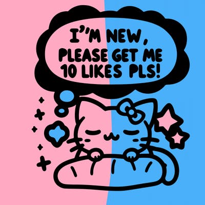 kitty taking a nap dream talking and saying "i'm new, please get me at least 10 likes pls!!"
