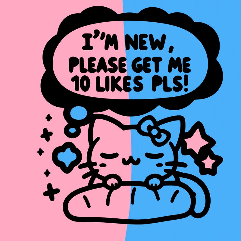 kitty taking a nap dream talking and saying "i'm new, please get me at least 10 likes pls!!"