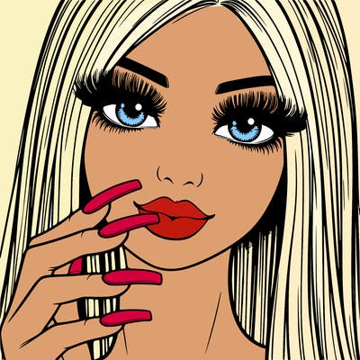realistic pretty girl with long lashes and long square nails