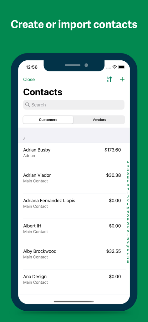 Sage Accounting mobile app contacts screen showing customer list and balances