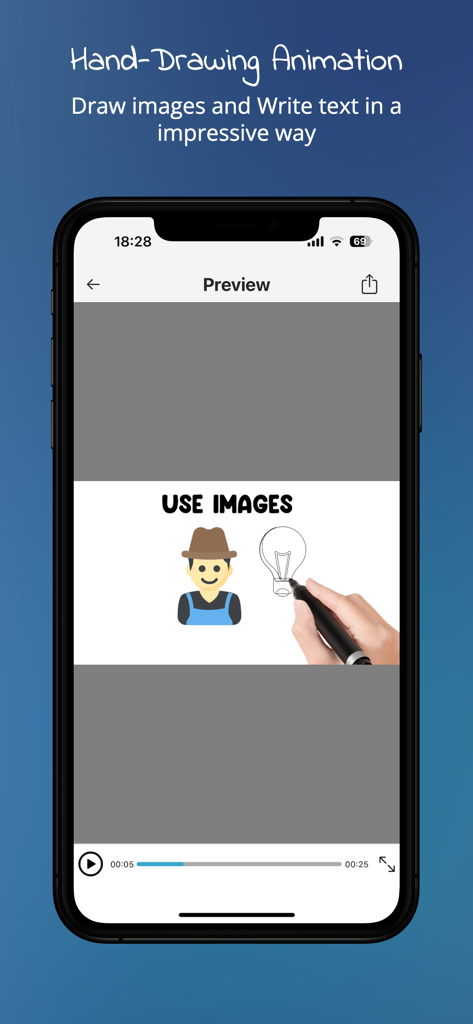 Flixcribir app screen showing a hand drawing animation effect on a whiteboard canvas