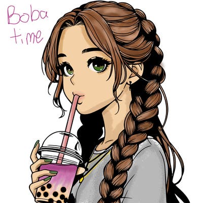 realistic girl with braided hair drinking boba