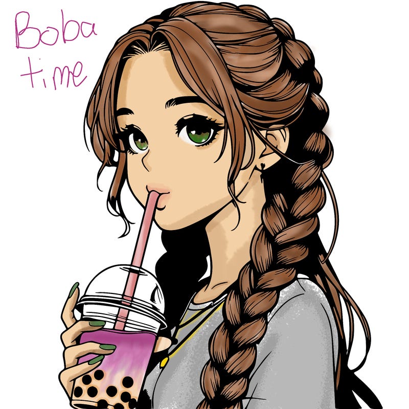 realistic girl with braided hair drinking boba